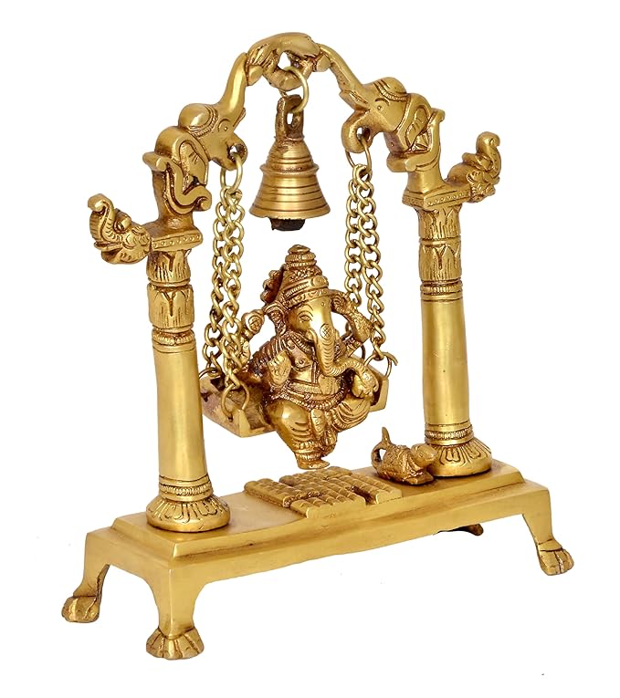 Brass Lord Ganesha On Swing Decorative Showpiece Idol (Brass, Height 9 Inch)