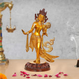Brass Dancing Tara Devi statue, 15 inch, gold-toned figure with ornate headgear