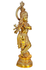 Brass Krishna murti angled view, flute raised, intricate engravings and base