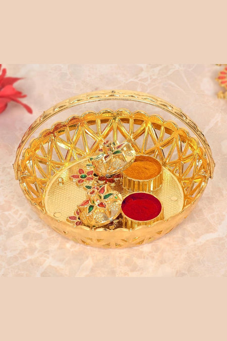 Gold Plated Plastic Haldi Kumkum Holder Pooja Thali Tilak Plate or basket (Width 5.5 Inch)