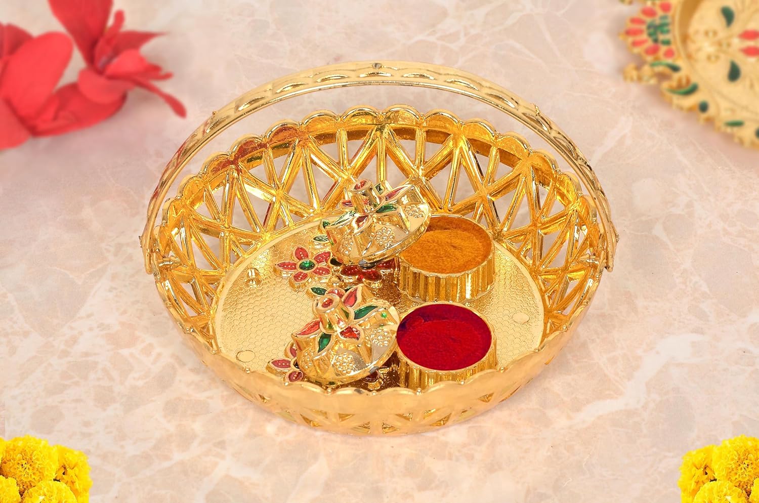 Decorative Design Gold Plated Plastic Haldi Kumkum Holder Pooja Thali and 2 Bowl For Rakhi Diwali Wedding Gifts Tilak Plate (Width 5.5 Inch) (Multicolor Pooja Thali)