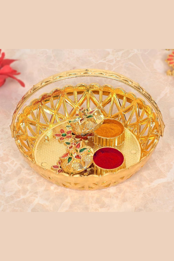 Gold Plated Plastic Haldi Kumkum Holder Pooja Thali Tilak Plate or basket (Width 5.5 Inch)