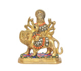 Durga Maa on a lion idol statue, gold brass finish with red, blue, white ornaments