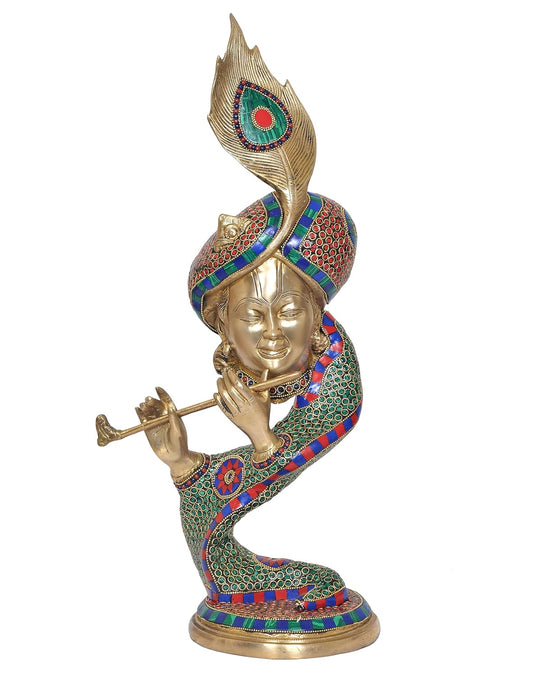 Brass Krishna Playing Flute with Peacock Mukut Idol Statue Sculpture for Home Mandir Pooja Decor Temple Gift (Height 21 inch)