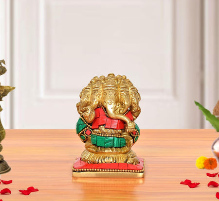 Brass Golden Panchmukhi Ganesha Sitting Murti (Height: 3 inch)