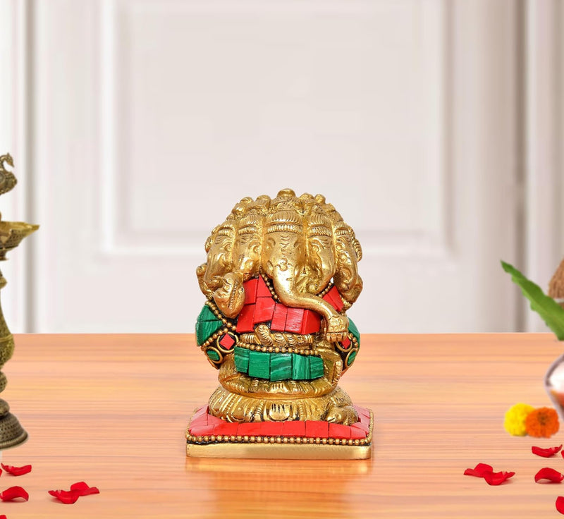 AONA Brass Golden Panchmukhi Ganesha Sitting Murti