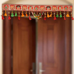 Diwali toran door hanging: red border, elephant motifs, tassels, bead garlands