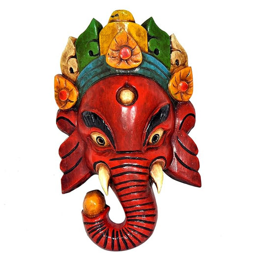 Terracotta Clay Ganesha Mask Statue for Home Decor | Multicolor | Height : 9 Inches (Red)