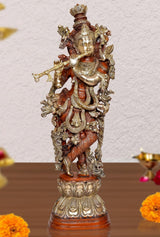 Krishna statue idol, multi-armed brass figure with red and gold accents