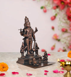Copper Sathya Narayana Swamy idol with raised arms and small attendants, 6.5 inch