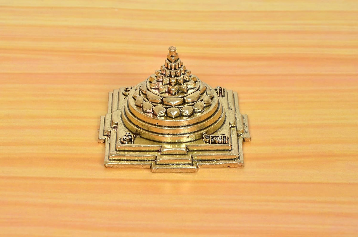 Superfine Shri Yantra brass statue with raised stacked tiers on square base