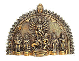 Durga brass relief wall sculpture with central goddess and attendants, arched