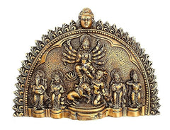 Durga brass relief wall sculpture with central goddess and attendants, arched