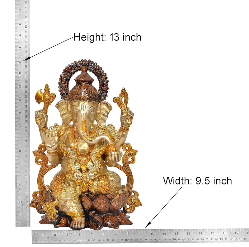 Brass Lord Ganesha Idol Sitting Ganesh Statue Decorative Sculpture for Home Decor Office Mandir Pooja Temple (Height 13 Inch)