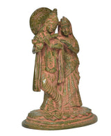Radha-Krishna Messing-Statue, 3/4-Ansicht,  detailreiche Gewänder und Schmuck, Sockel