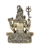 Brass Lord Shiva idol back view, long hair coils, trident staff and drum, seated, 5 in