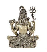 Brass Lord Shiva idol back view, long hair coils, trident staff and drum, seated, 5 in