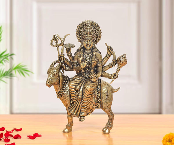 Superfine Brass Meldi MATA Idol Seated on Goat (Height:5 Inch) Mandir Setting