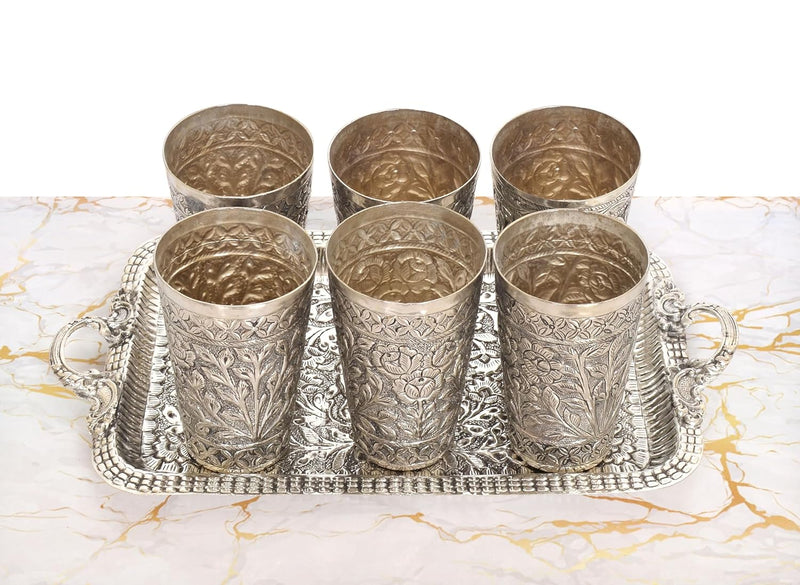 Brass Silver Plated Six Glass and One Tray for Home Kitchen (Height 4.5 Inch)