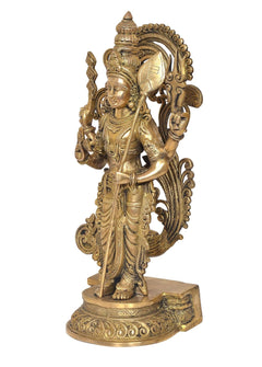 Brass Kartikeya Murugan murti in side view with halo arch details
