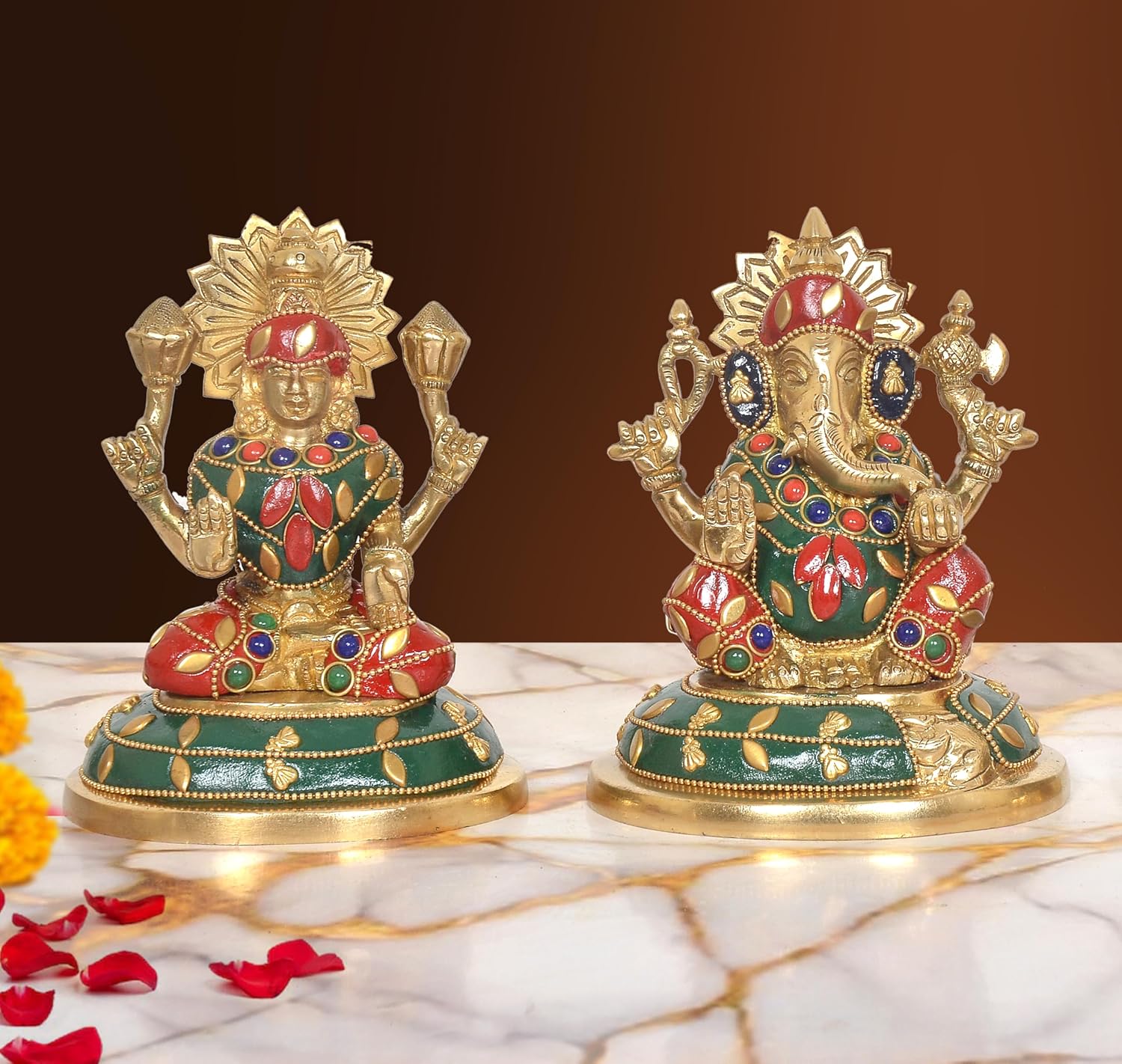AONA Brass Lakshmi Ganesha Statue - Handcrafted
