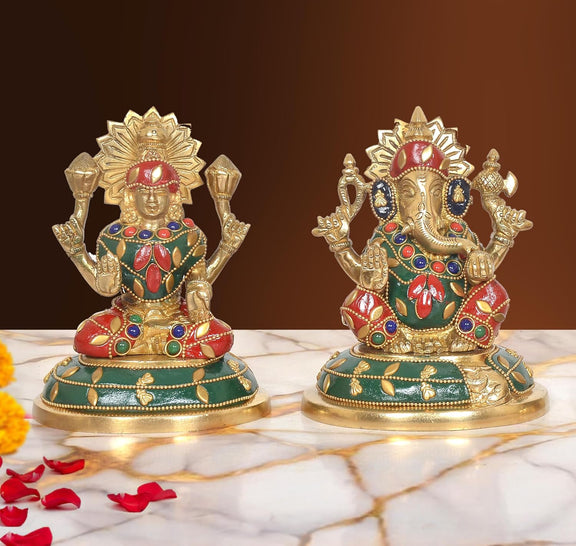 AONA Brass Lakshmi Ganesha Statue - Handcrafted