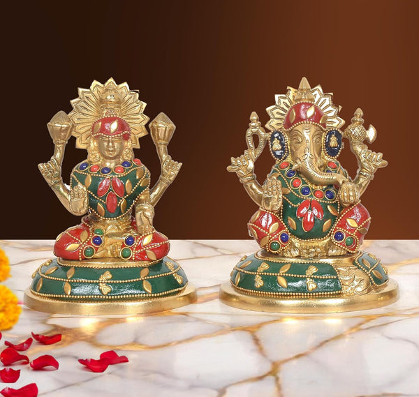 Brass Lakshmi Ganesha Statue - Handcrafted (Height: 5 Inch) (Multicolor 2)