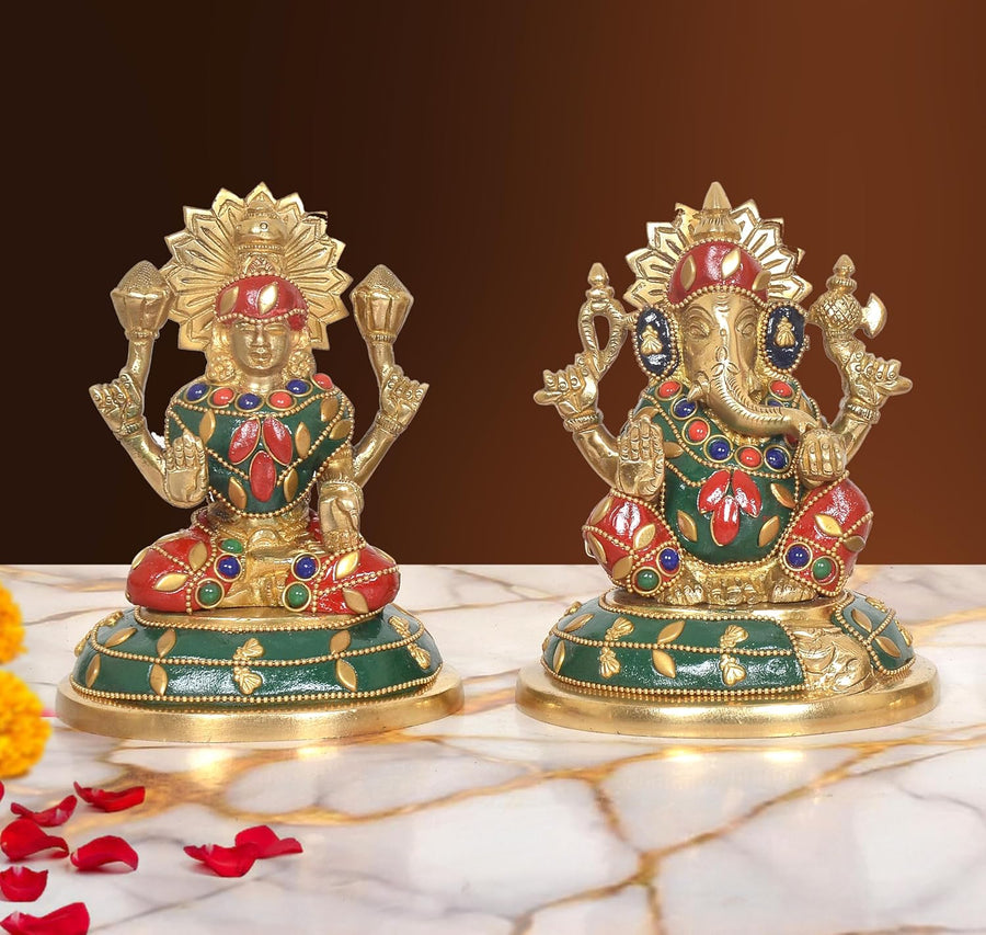 Brass Lakshmi Ganesha Statue - Handcrafted (Height: 5 Inch) (Multicolor 2)