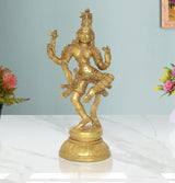 Brass Ardhanrishvara Shiva-Parvati statue in dancing pose, gold-toned details