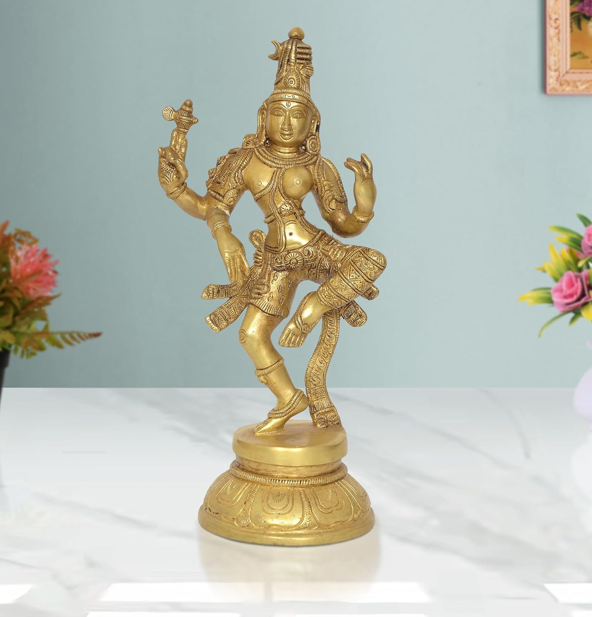 Brass Ardhanrishvara Shiva-Parvati statue in dancing pose, gold-toned details