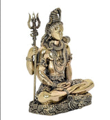 Lord Shiva brass murti figurine, three-quarter view, trident raised beside seated pose