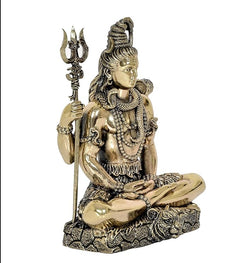 Lord Shiva brass murti figurine, three-quarter view, trident raised beside seated pose