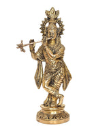 Lord Krishna brass figurine playing flute, front view with detailed jewelry and crown