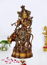 AONA Krishna brass idol statue, ornate crown, standing beside cow figure, full view