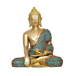 Brass Buddha idol seated in Dhyan mudra, detailed turquoise robe with red accents
