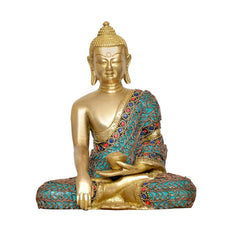 Brass Buddha idol seated in Dhyan mudra, detailed turquoise robe with red accents