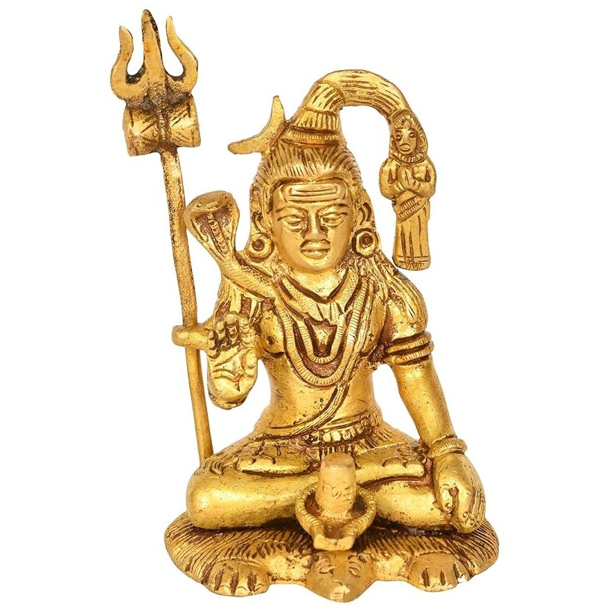 Lord Shiva brass idol seated with trident, golden finish, detailed face and ornaments