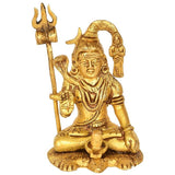 Lord Shiva brass idol seated with trident, golden finish, detailed face and ornaments