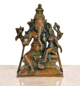 Brass Ganesha with Siddhi idol, detailed faces and raised hands, front view