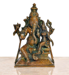 Brass Ganesha with Siddhi idol, detailed faces and raised hands, front view