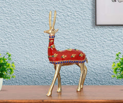 Brass reindeer Hiran statue with red enamel body, blue gems, and gold antlers