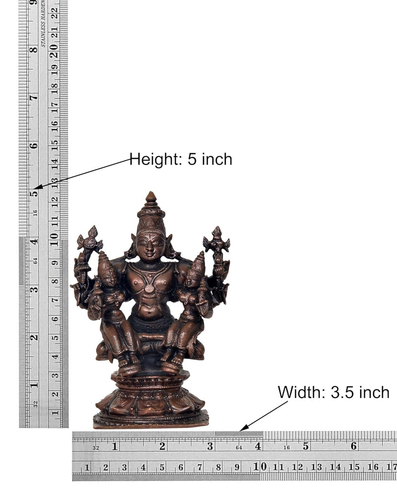 Copper Lord Vishnu with Bhudevi and Sridevi Idol Statue for Home Temple Office Mandir Decor (Height: 5 Inch)