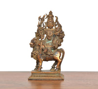 Copper Shiva Parvati on Nandi idol, front view, metallic patina and finials