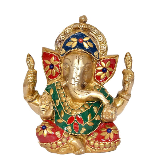 Brass Lord Ganesha Idol Ganesh Statue Decorative Sculpture for Home Decor Office Mandir Pooja Showpiece (Height 5.5 Inch) (Ganesha Multicolor)