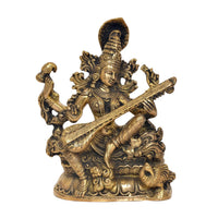 Maa Saraswati brass idol seated with veena and raised hands, decorative crown and jewelry
