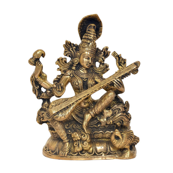 Brass Maa Saraswati Statue - Handcrafted Hindu Goddess Saraswati Idol for Home Decor and Pooja (Height 11 Inch) Entryway Setting