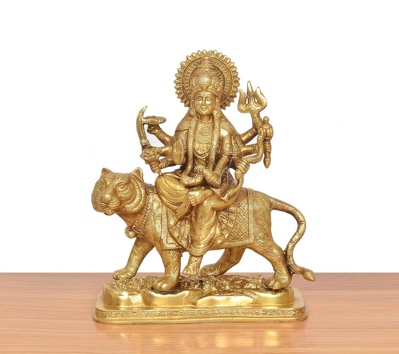 Brass Durga Maa with Lion Statue (Height 10 Inch)