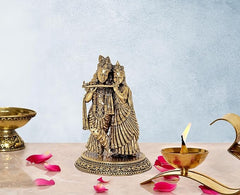 6-inch standing Radha Krishna brass idol statue with ornate detailing