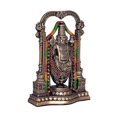 Tirupati Balaji figurine in arched frame with ornate ornaments and multicolor beaded garlands