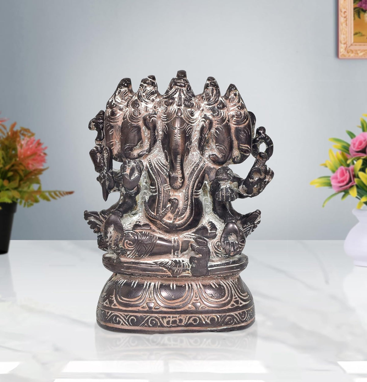 Antique brass Panchmukhi Ganesha idol, four faces, seated, 8-inch height